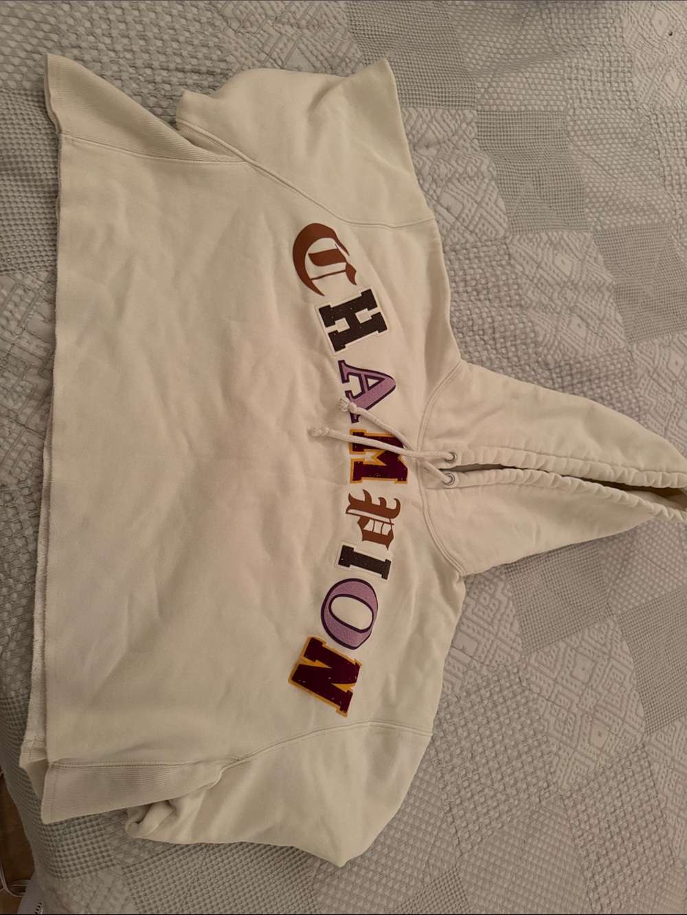 Cropped Champion Cream Hoodie with Multicolor Varsity Letters, 2XL